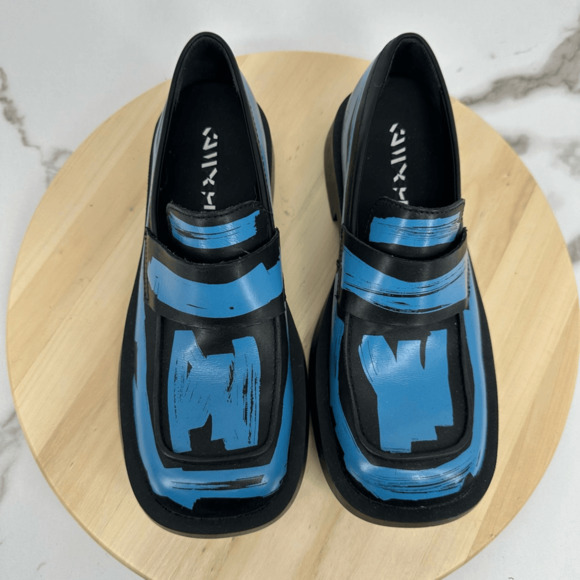 Camper Lab Womens 8.5 MIL 1978 Loafers Black Blue Brushed Leather Wacky Artsy - Picture 2 of 13